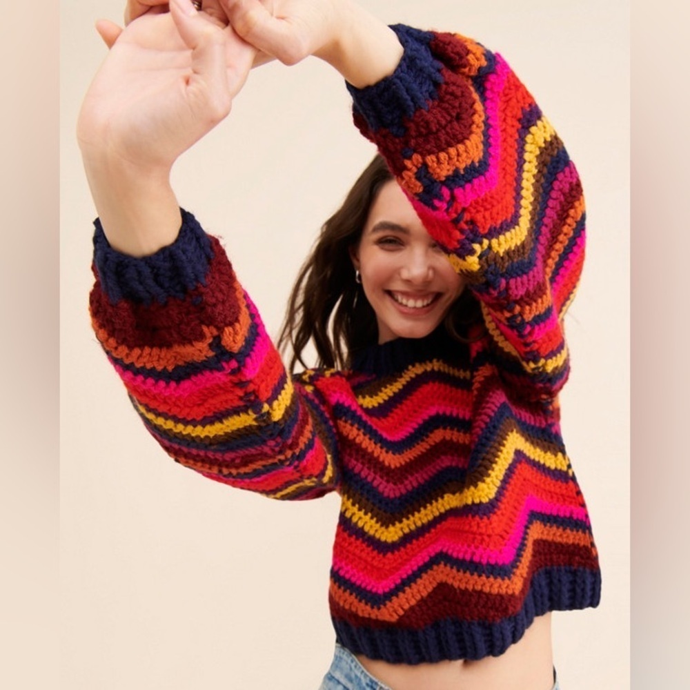 Farm Rio Colorful Waves Rainbow Handmade Crochet Balloon Sleeve Sweater Small - Picture 2 of 10